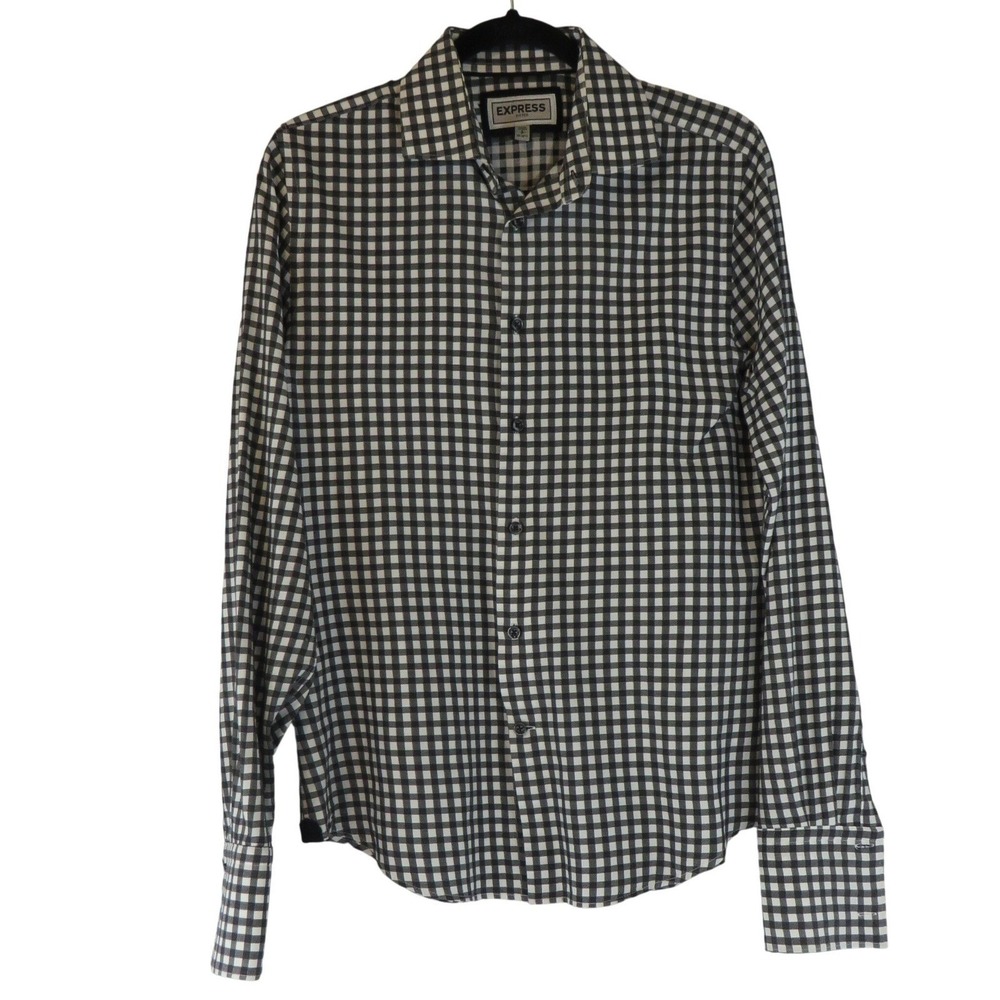 Express Fitted Mens‎ Small Black White & Check LS Button Down Shirt French Cuffs